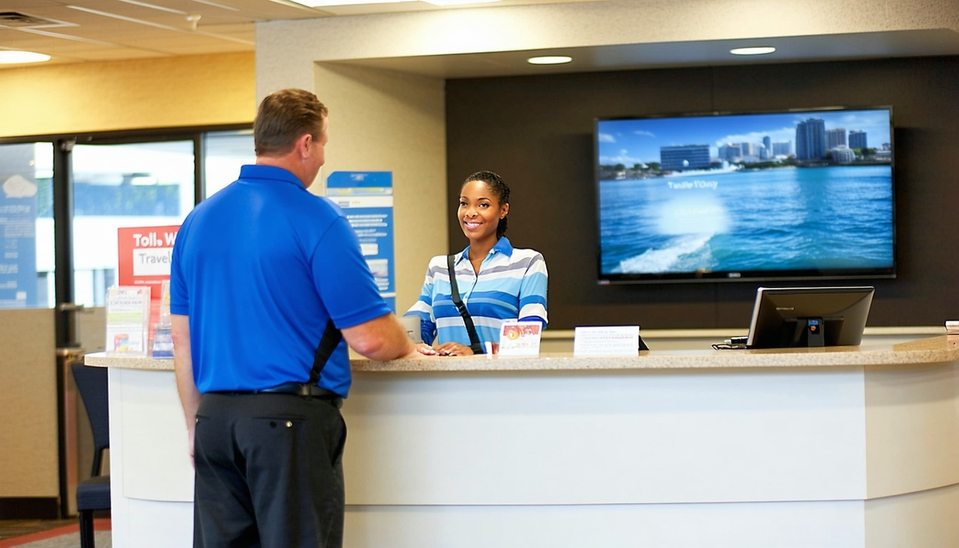 Customer receiving travel assistance at Toll Way Travel office