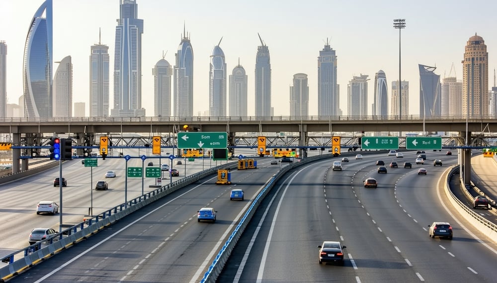 Dubai skyline with highway and toll gates